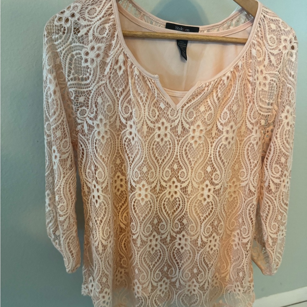 Gorgeous Style & Co Light Peach Lace 3/4 Sleeve Blouse